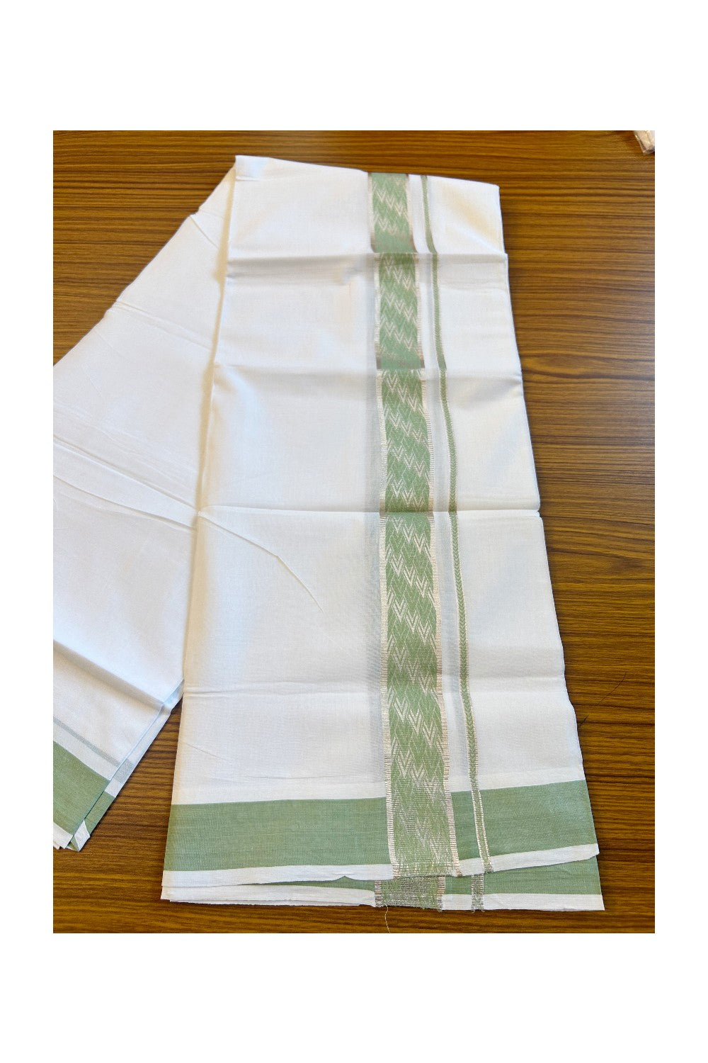 20% DISCOUNT! KaithariKada Balaramapuram 100% Cotton Double PURE white Mundu/Dhoti-100x100   2.25 Inch Silver kasavu parrot green pattern Kara  - 19KK79PMC