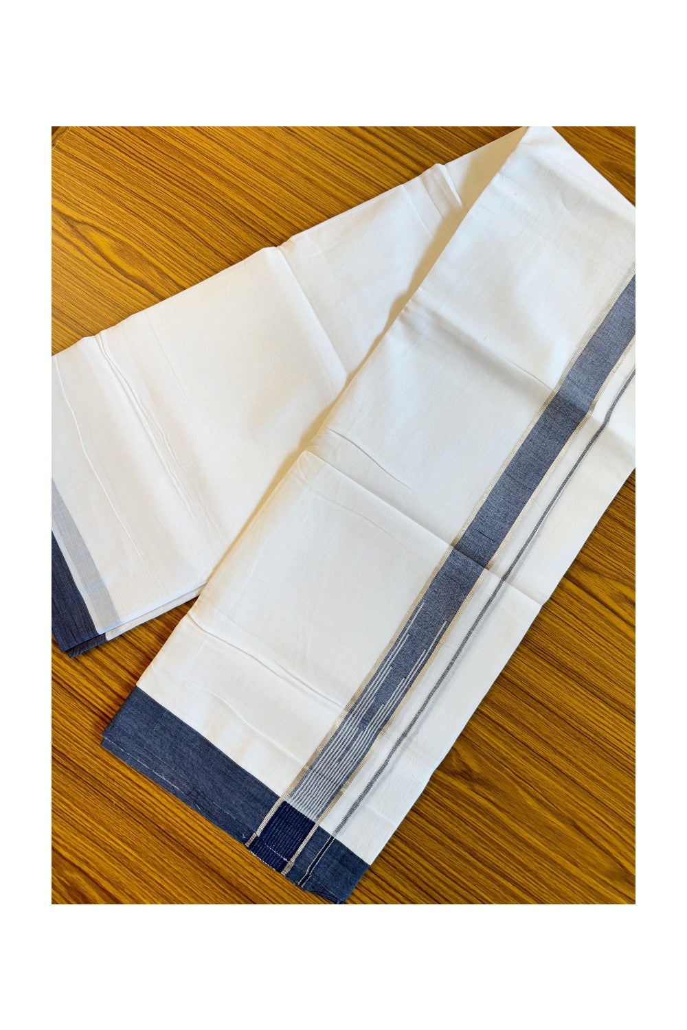 21% DISCOUNT!! Kaitharikada Balaramapuram 100% Cotton PURE WHITE Double Mundu/Dothi-100x92 Puliyilakkara CHUTTY  2 Inch SILVER & NAVY BLUE WHITE STRIPED Cotton Kara - 19KK84CEE