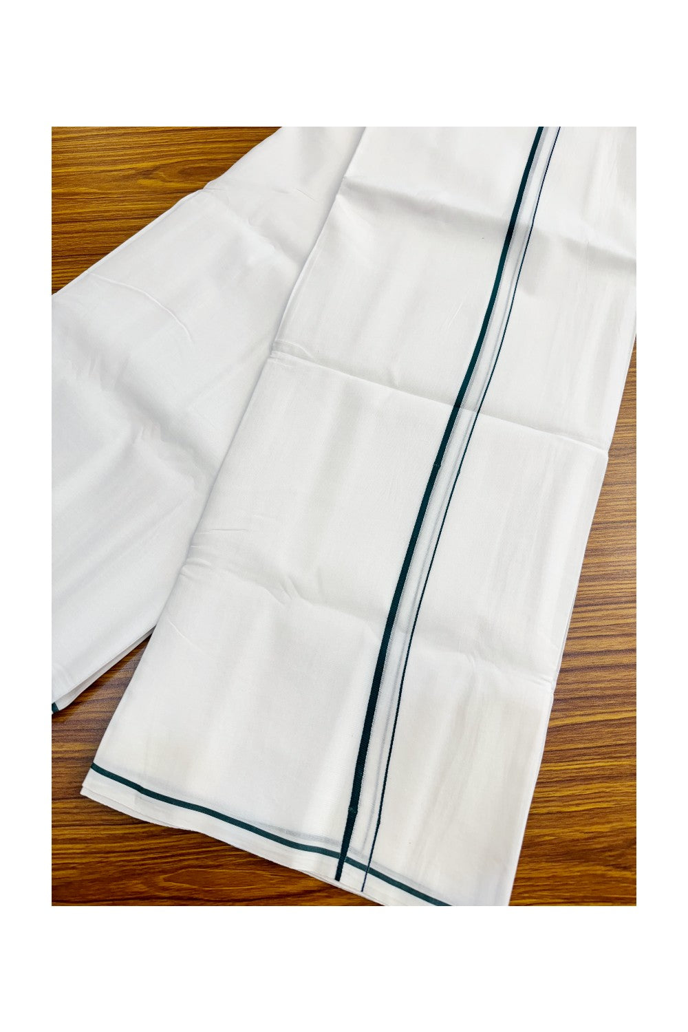 26% DISCOUNT! KaithariKada Balaramapuram 100% Cotton Ultra WHITE Double Mundu/Dhoti-100x100  1.5 cm  DARK GREEN THIN Kara-KK47ASH-19.