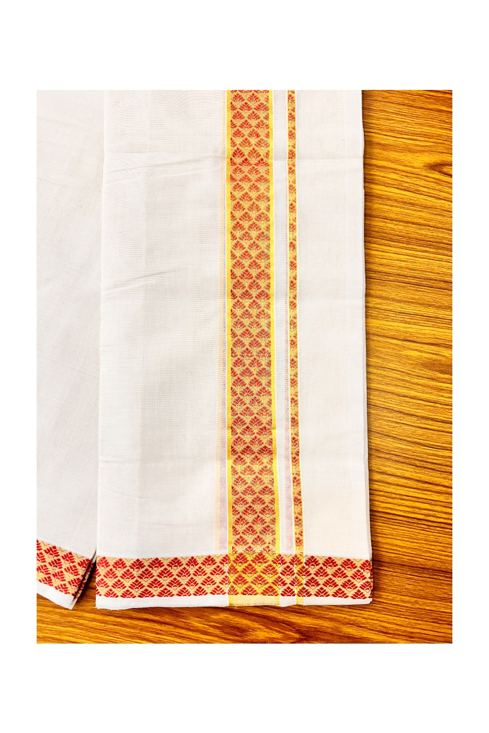 18 % DISCOUNT ! KaithariKada HANDLOOM Unakkupaav Balaramapuram - 100% PURE Cotton 4.44 Meter Off White Double Mundu/Dhoti - Brick Red Flower & KASAVU DESIGN 2.5 Inch  KARA- ABH19