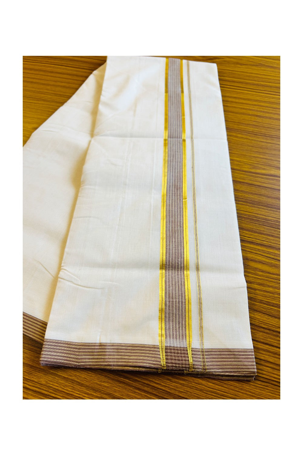 21% DISCOUNT! KaithariKada HANDLOOM UNAKKUPAAV Balaramapuram - 100% PURE Cotton Off White -  Double Mundu/Dhoti - Gold Kasavu & Brown Kara- 19KK403RAM