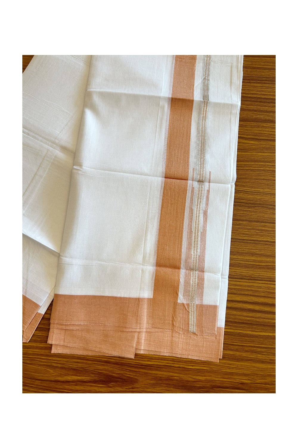 Kaitharikada  Balaramapuram 100% Pure Cotton PURE WHITE Double Mundu/Dothi - 80x92 - 1.5 Inch Light Orange & Silver Chutty kara - 19KK5022VAN