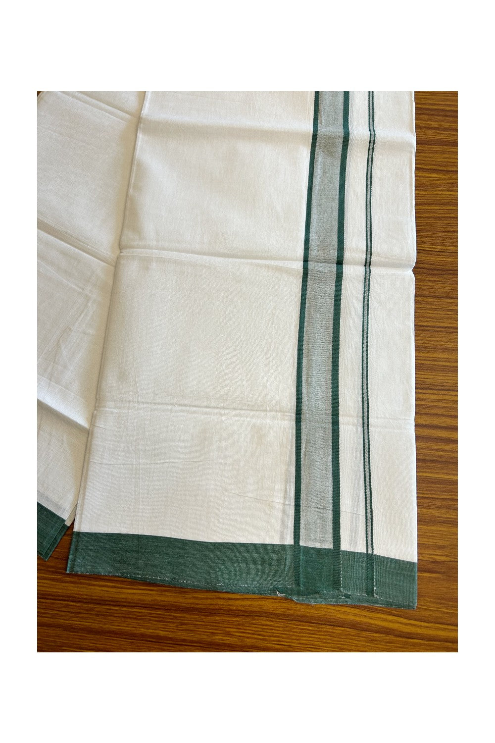 8% Discount ! Kaitharikada Balaramapuram 100% Cotton PURE WHITE SINGLE Mundu/Dothi- 2.25 inch Dark Green Kara - 19KK5032GAN