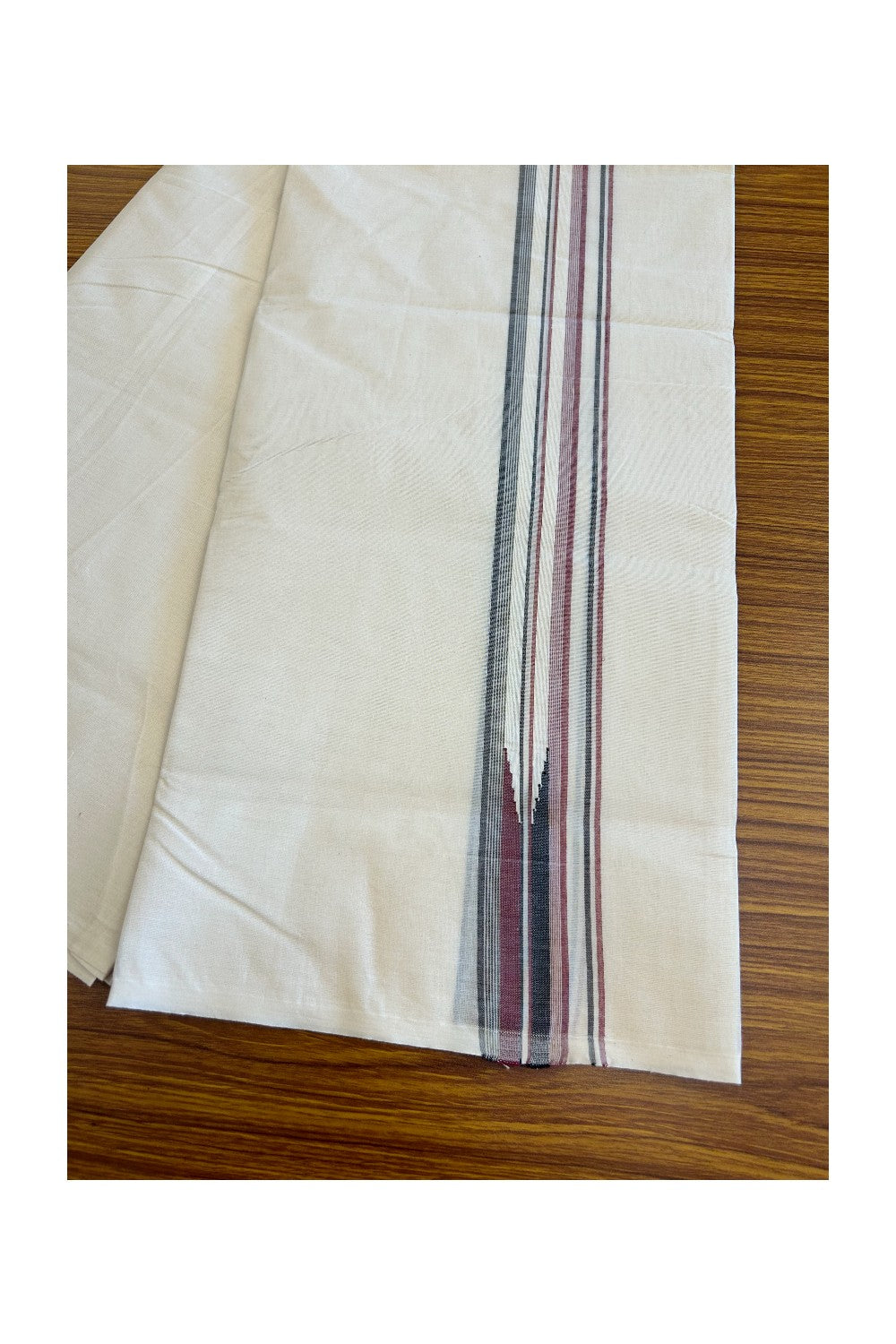 18% Discount !! KaithariKada Balaramapuram Double Off white - (Unbleached) Mundu/Dhoti - 100X100 - 1.5 inch Puliyilakkara Maroon & Black Striped Chutty Kara - 19KK5045ASH