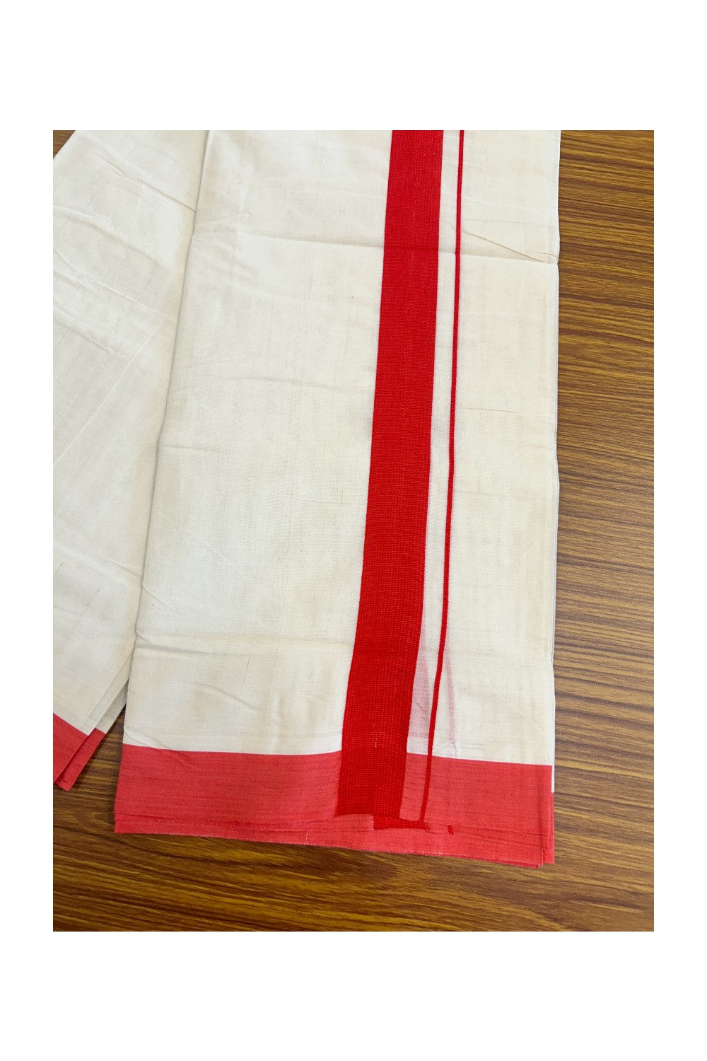 15% Discount KaithariKada Balaramapuram 100% Cotton Double Off white - (Unbleached) - Mundu/Dhoti-100x100 - 2 inch Bright Red Kara - 6