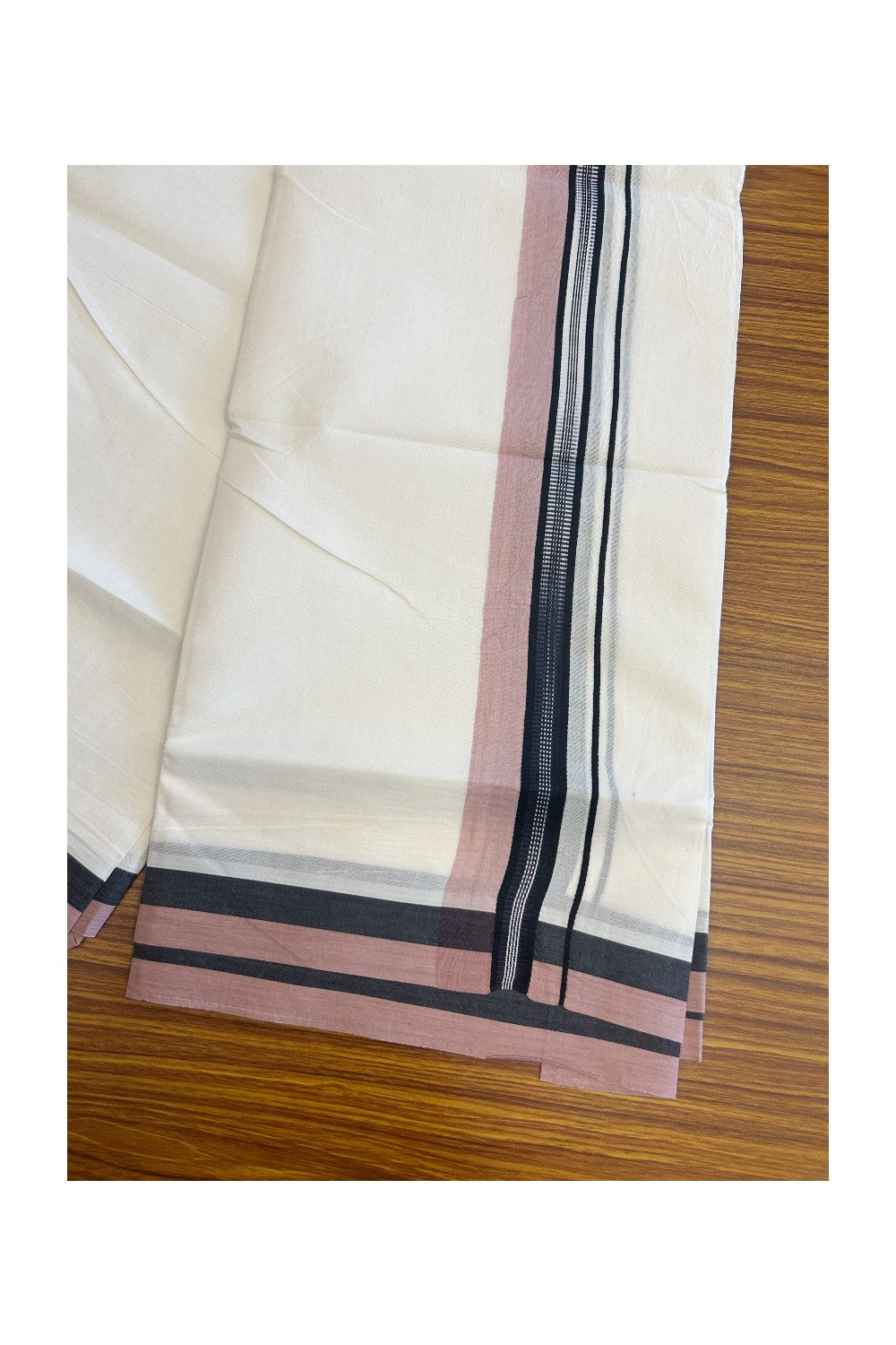 19% Discount!!! KaithariKada Balaramapuram  Double Off white - (Unbleached) Mundu/Dhoti - 80X90 - 2.25 inch Black & Dusty Rose Pattern Kara 3.85 meters - 19KK5058GUN