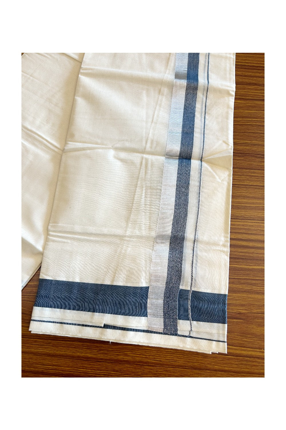 10% DISCOUNT ! KaithariKada Balaramapuram 100%  Cotton Double Off white - (Unbleached) Mundu/Dhoti-100X100- 2.25 inch Dusty Blue & SILVER Kara- 19KK5063KK