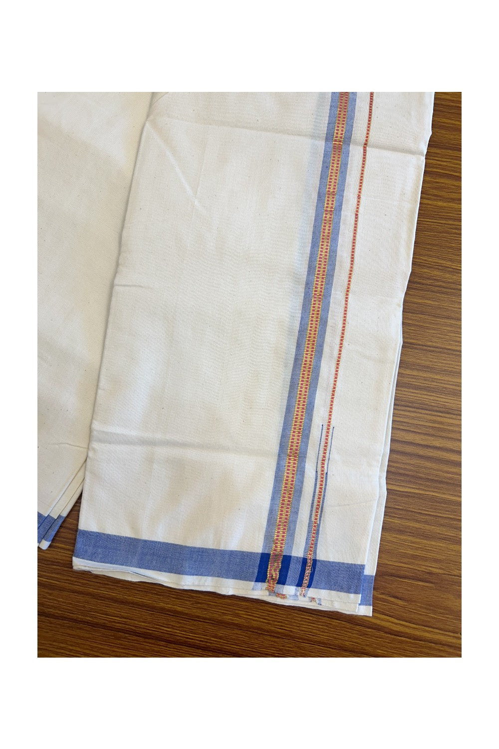 32% Discount ! KaithariKada 100% Cotton Balaramapuram HANDLOOM Single Mundu/Dhoti - Off White (Unbleached) 1.Inch Blue & Red Stripes Kasavu Puliyilakkara Chutty.