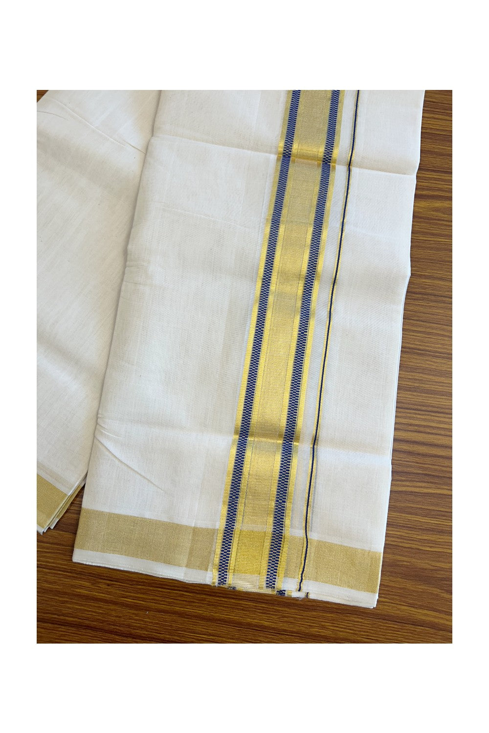 30% Discount!!! KaithariKada HANDLOOM UNAKKUPAAV Balaramapuram - 100% PURE Cotton off white (Unbleached) Double Mundu/Dhoti -100x 100 - 2.75 inch Kasavu & Blue design kara - 18KK5096YAR