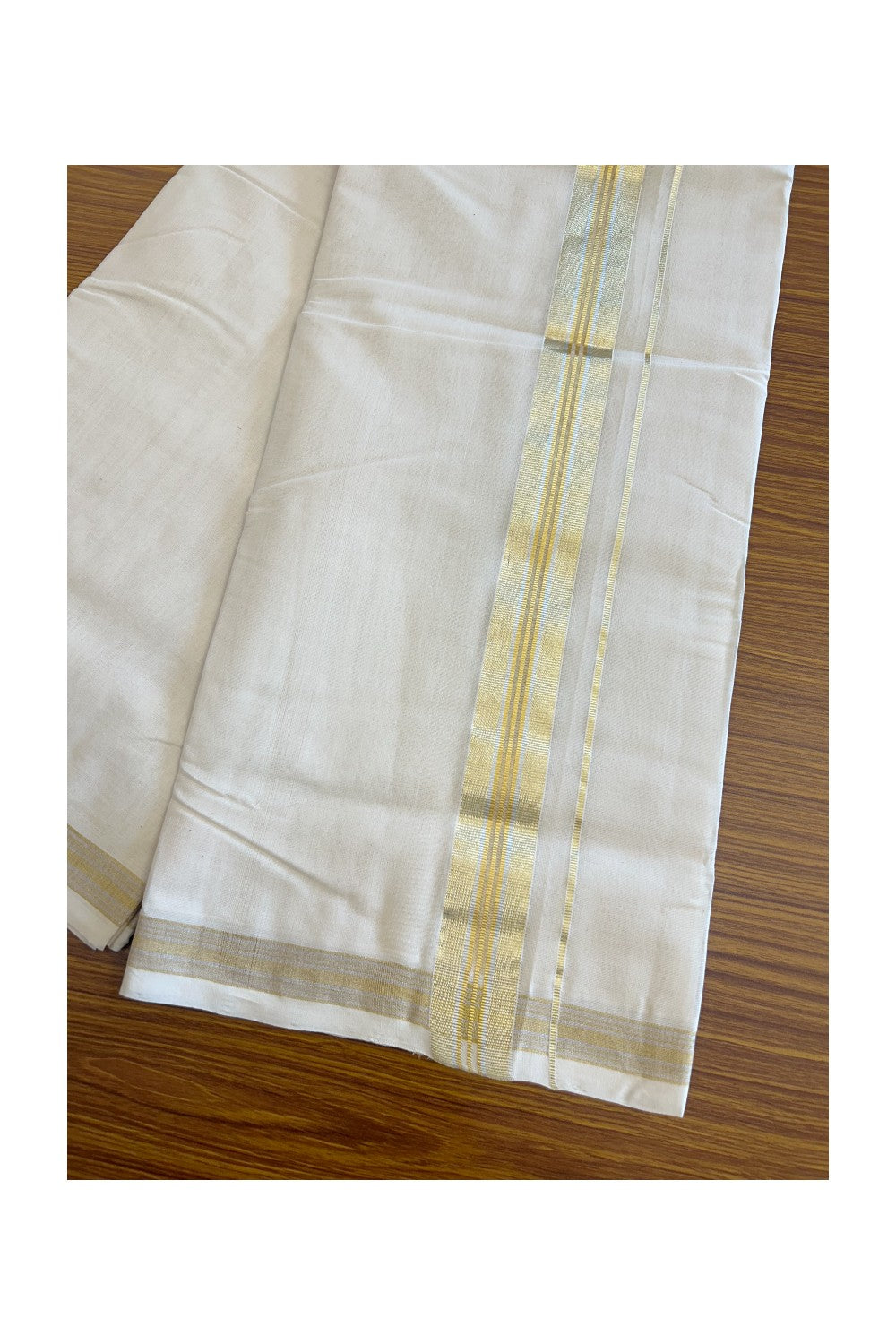 30% DISCOUNT ! KaithariKada HANDLOOM Millpaav Balaramapuram - 100% PURE Cotton Off White - (Unbleached) Double Mundu/Dhoti - 2.25 inch Gold Kasavu & Silver Kasavu Striped Kara - 19KK5105RAM