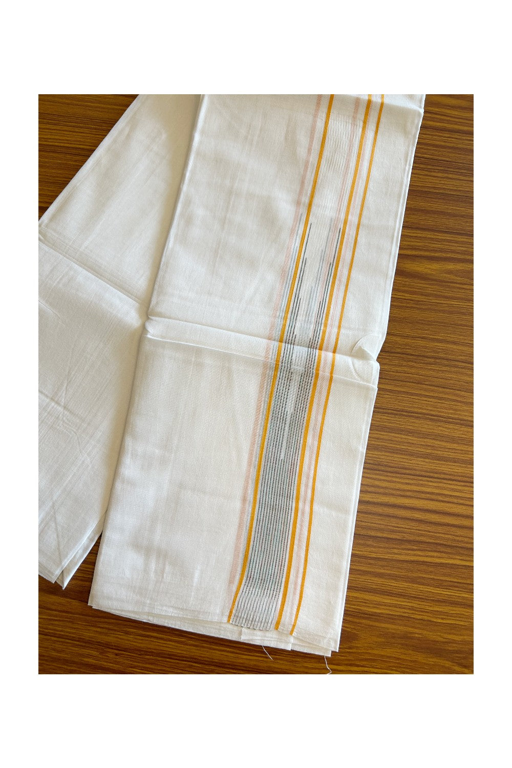 20% DISCOUNT!! KaithariKada Balaramapuram 100% Cotton PURE WHITE Double Mundu/Dhoti - 100x80 - 1.5 inch Yellow & Multicolour striped Chutty kara - 19KK5109THI