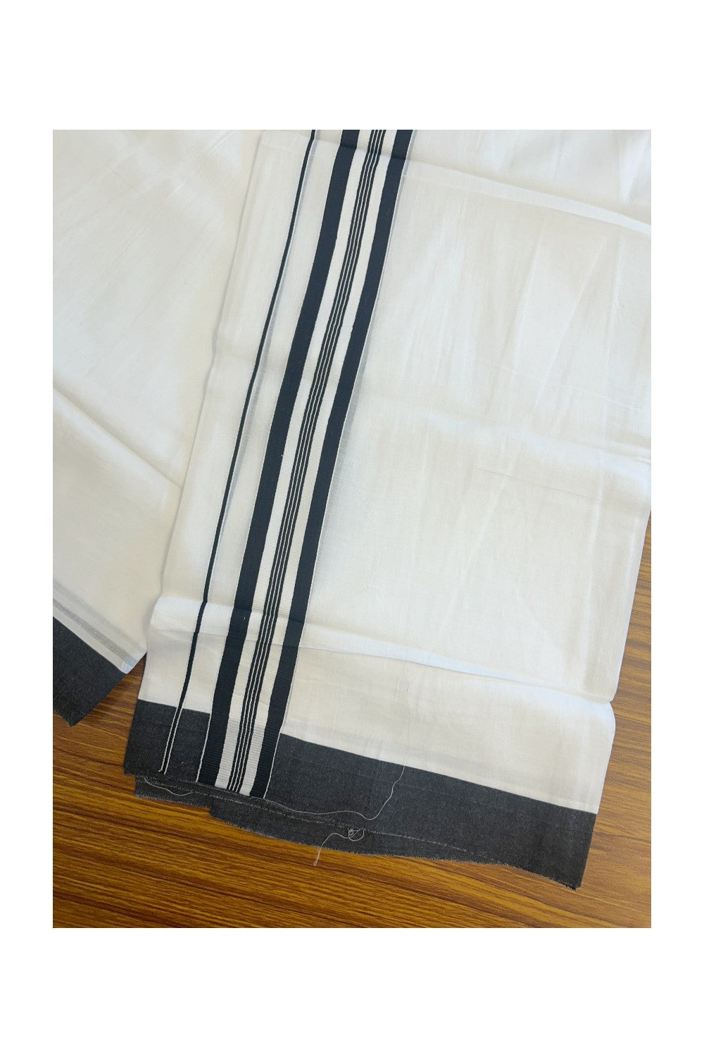 20% DISCOUNT! KaithariKada Balaramapuram 100% Cotton Double PURE white Mundu/Dhoti - 100x80 - 1.5 Inch Black Striped Kara - 19KK5135GAN