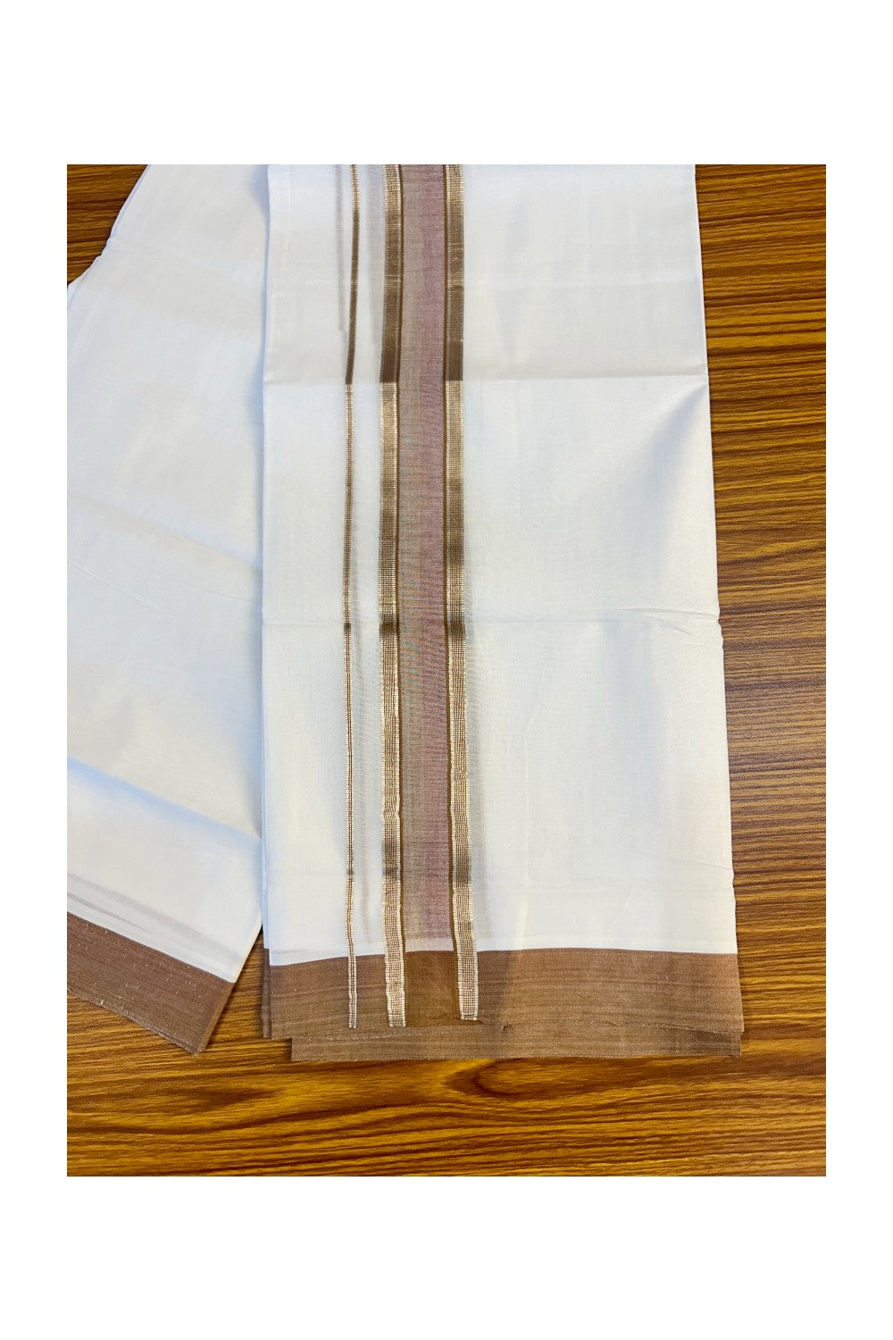 21% DISCOUNT!! Kaitharikada Balaramapuram 100% Cotton Ultra WHITE Double Mundu/Dothi-100x80   2.5 Inch BROWN & SILVER STRIPED Cotton Kara -19KK63VIN