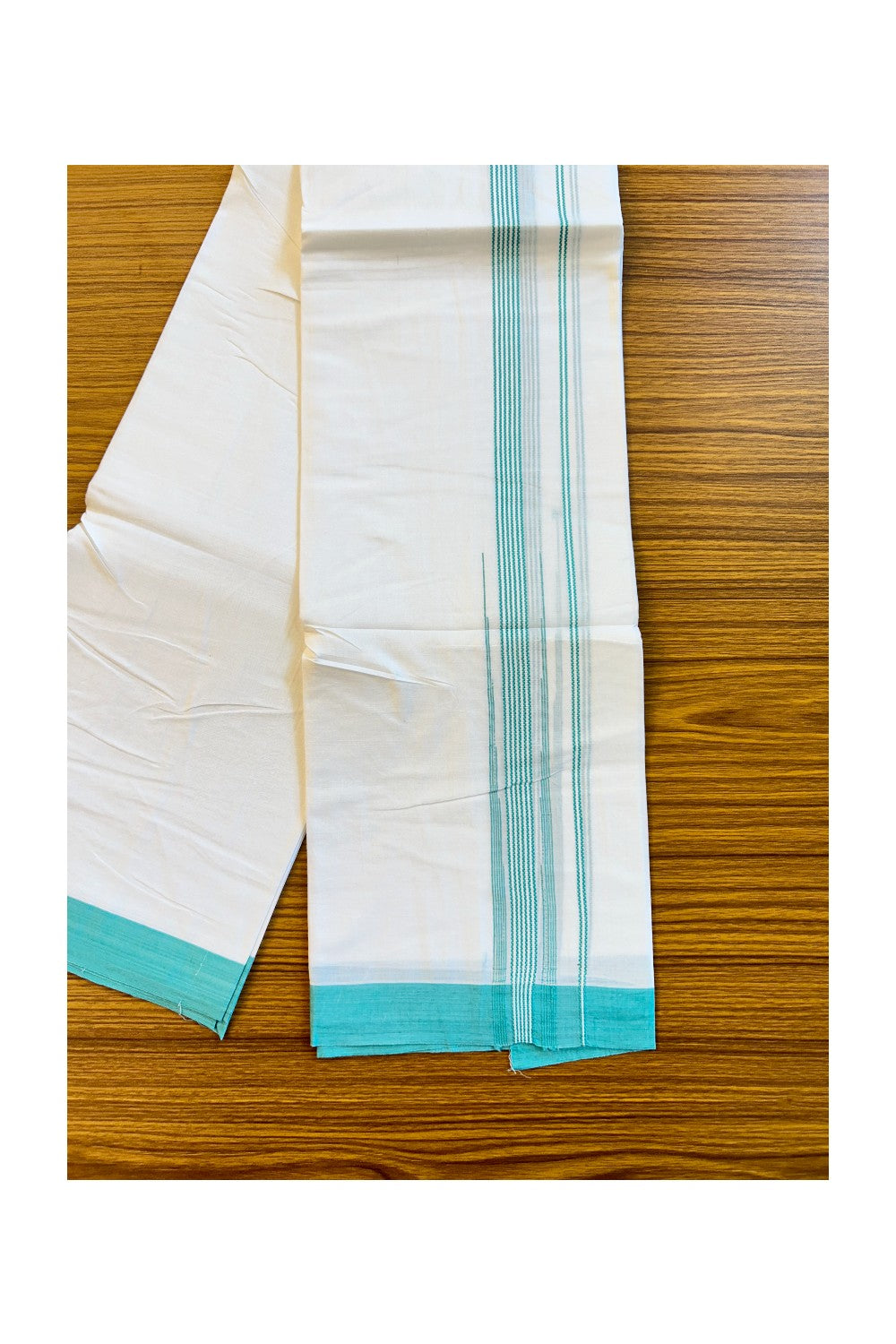 22% DISCOUNT!! Kaitharikada Balaramapuram 100% Cotton Ultra WHITE Double Mundu/Dothi-100x100  2 Inch TURQUOISE BLUE Striped Cotton Kara 3.80m- 19KK74RAM