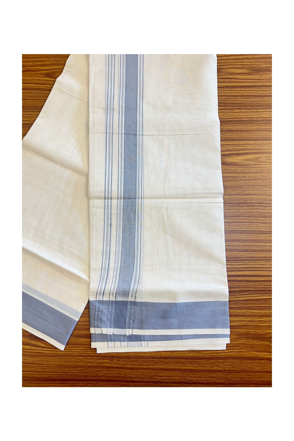 10% DISCOUNT! KaithariKada Balaramapuram 100% Cotton Double Off white Mundu/Dhoti-100x100 Ash gray Stripes Kara - 19KK78PMC