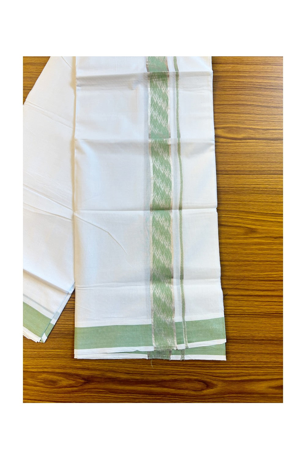 20% DISCOUNT! KaithariKada Balaramapuram 100% Cotton Double PURE white Mundu/Dhoti-100x100   2.25 Inch Silver kasavu parrot green pattern Kara  - 19KK79PMC