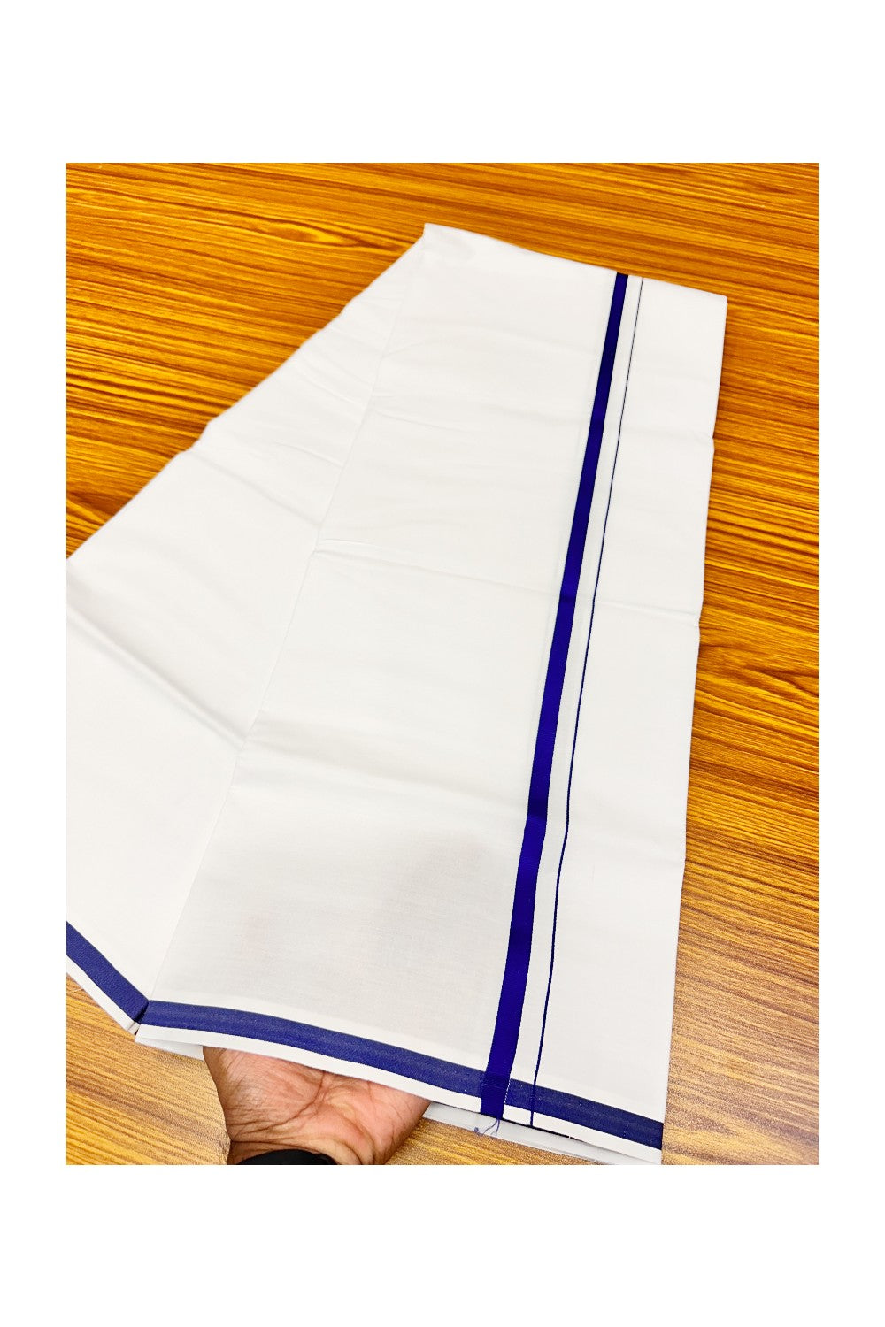 15% OFFER!! KaithariKada 100% Cotton PURE WHITE SINGLE Mundu/Dhoti-40X40 Blue 2.cm  (2 meter / 4 muzham) Kara- 19pra