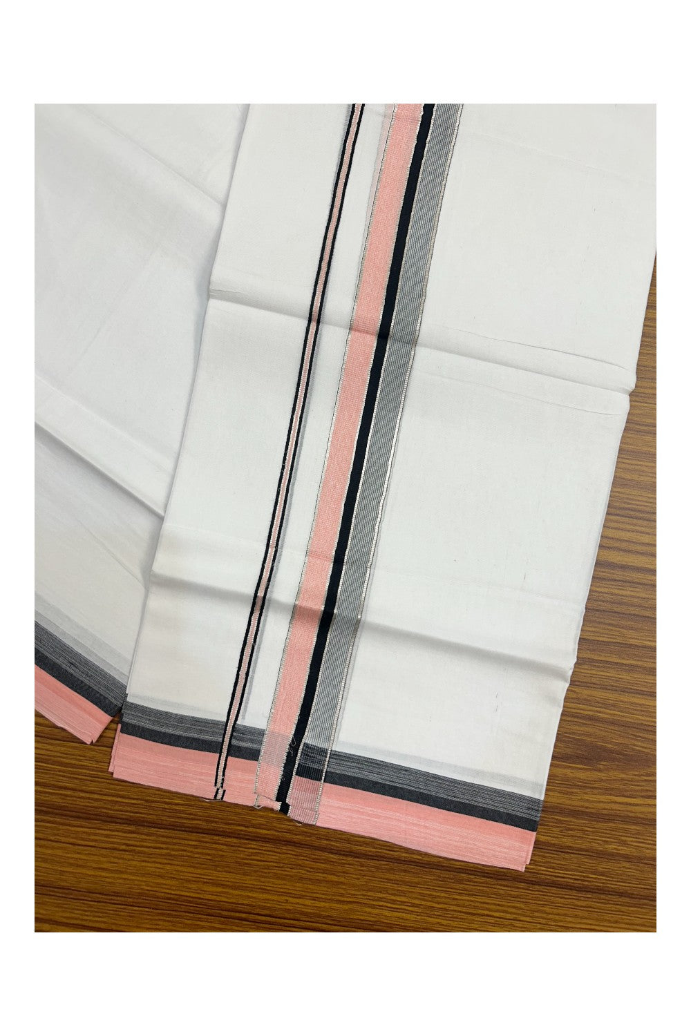 19% Discount !! KaithariKada Balaramapuram Double PURE WHITE Mundu/Dhoti- 100x80 - 1.75 inch Pink Black Kara Silver Striped kara - 19KK5143PMC