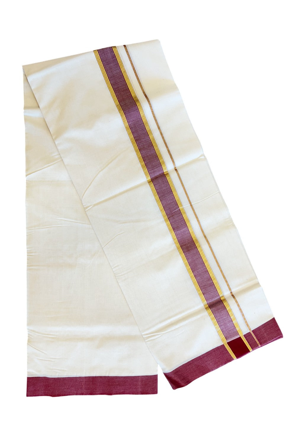 21% Discount KaithariKada HANDLOOM Unakkupaavu Balaramapuram - 100% PURE Cotton Off White (Unbleached) Double Mundu/Dhoti - 2.25 inch Kasavu & Vine Red-206