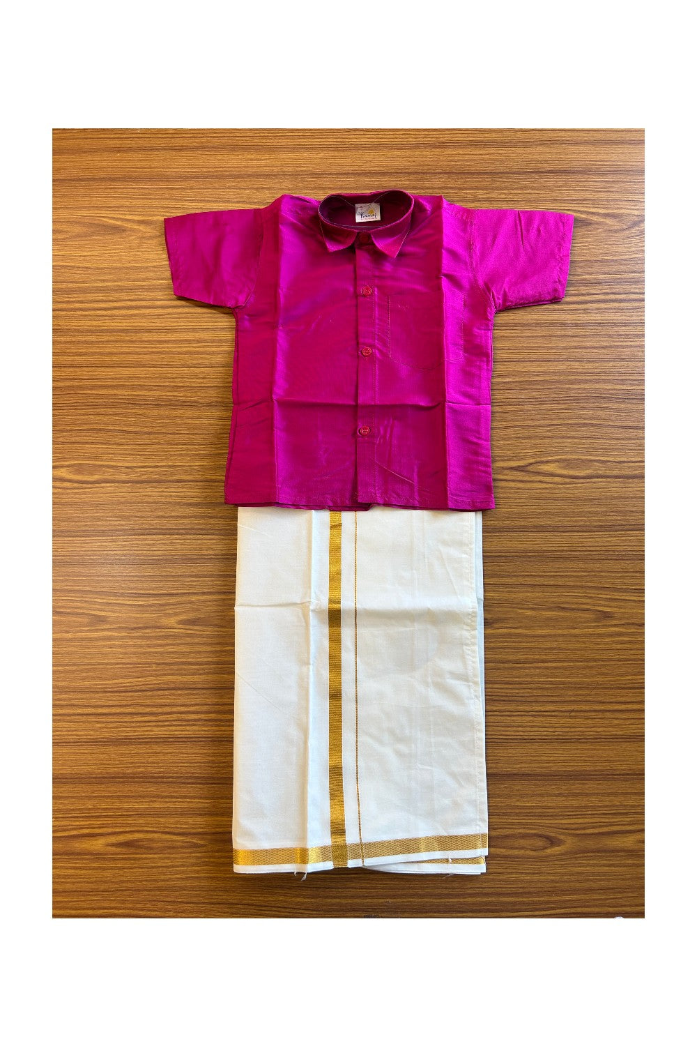 10% DISCOUNT !!! Yuvraj-Traditional South Indian Kids Silk Shirt & Dhoti- Dark pink Shirt Off white Kasavu Dhoti Age 3 - 2KK101YUV3.