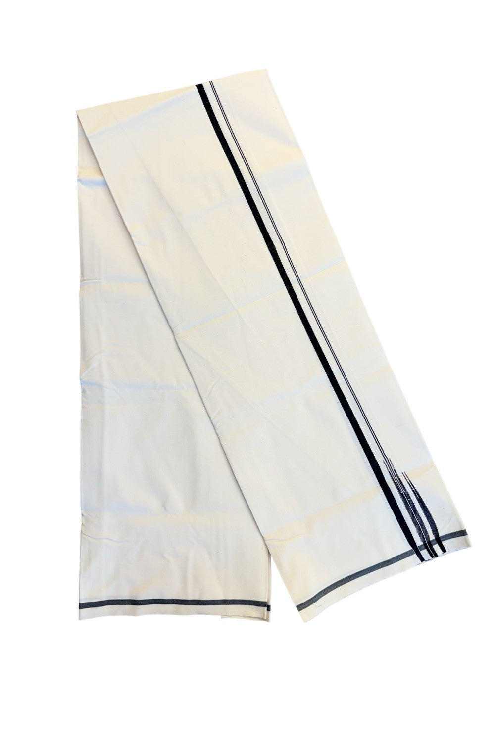 28% DISCOUNT ! KaithariKada Balaramapuram 100%  COTTON SINGLE OFF WHITE Mundu/Dhoti-100X100-  1 cm double Black Puliyilakkara- 2KK204ASH