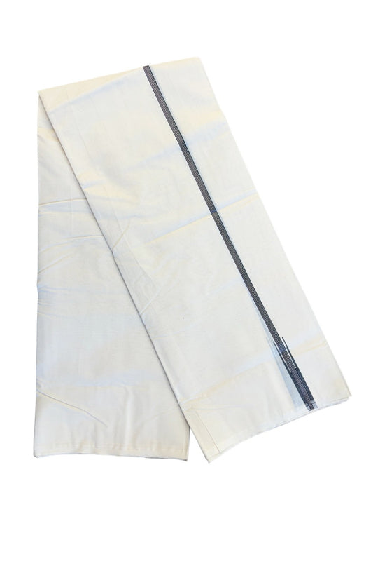 15% DISCOUNT!! KaithariKada Balaramapuram 100% Cotton off white Double - (Unbleached) Mundu/Dhoti-100x100  Puliyilakkara Chutty Black & Silver Kasav Kara - 2KK205ASH