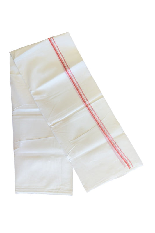 26% DISCOUNT ! KaithariKada Balaramapuram 100% Cotton Double Pure white Mundu/Dhoti-100X100 - Peach & Stripes 2cm Kara.- 2KK406ASH