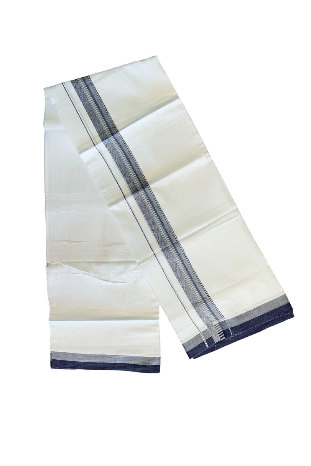 26% DISCOUNT!!! KaithariKada Balaramapuram 100% Cotton PURE white Double Mundu/Dhoti-100x90   2.25 Inch Navy blue & White striped kara  - 2KK407VIN