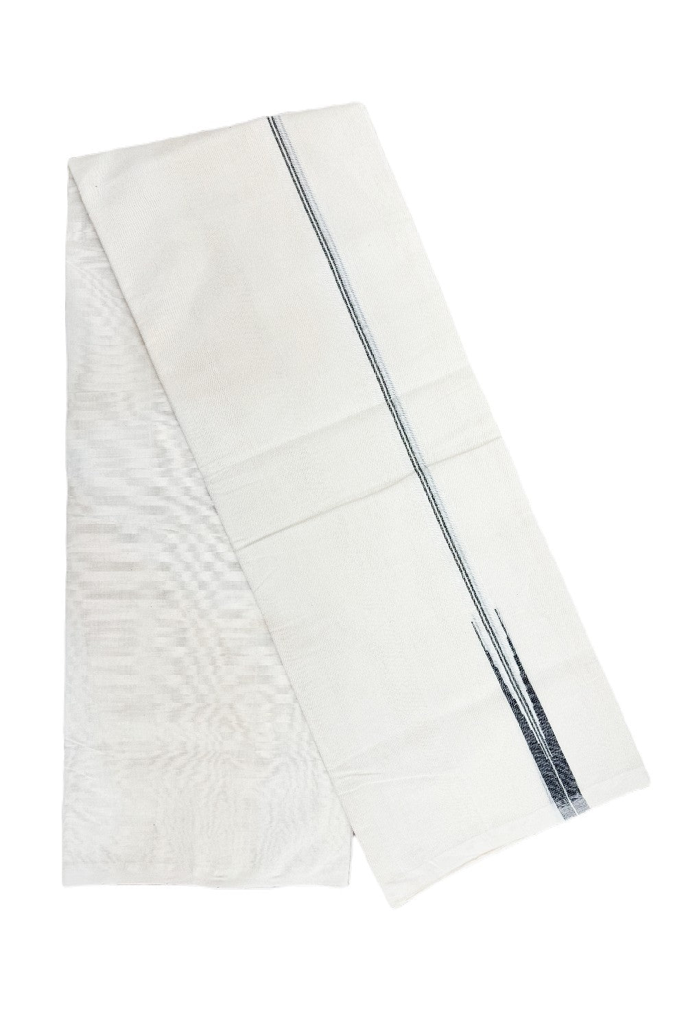 18% DISCOUNT! KaithariKada BALARAMAPURAM HANDLOOM Millpaav- 100% PURE Cotton 100x100 Double Mundu/Dhoti OFF WHITE (Unbleached) - PULIYILAKKARA Black 2 line Chutty KARA-2KK40RAM