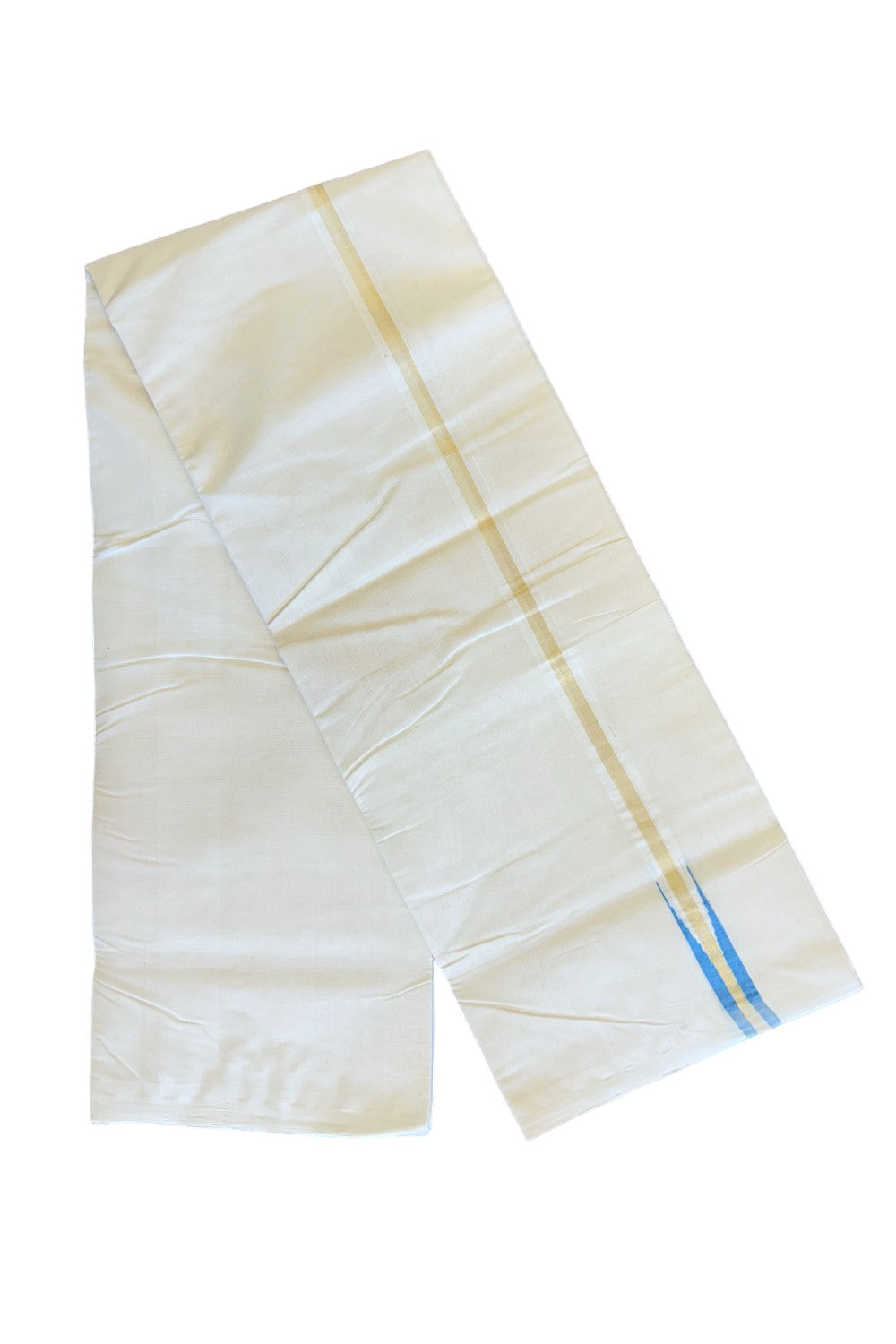 21% DISCOUNT!! KaithariKada HANDLOOM Millpaav Balaramapuram - 100% PURE Cotton OFF White- (Unbleached) Double Mundu/Dothi - Puliyilakkara chutty Blue & Kasavu Kara- 2KK410SOM