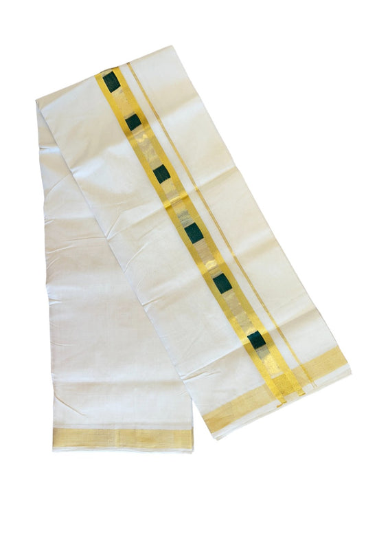 15% Discount!!! KaithariKada HANDLOOM UNAKKUPAAV Balaramapuram - 100% PURE Cotton off white Double Mundu/Dhoti - 2.5 inch Kasavu with centre tissue &  Green sqaure designed kara - 2KK415SOM