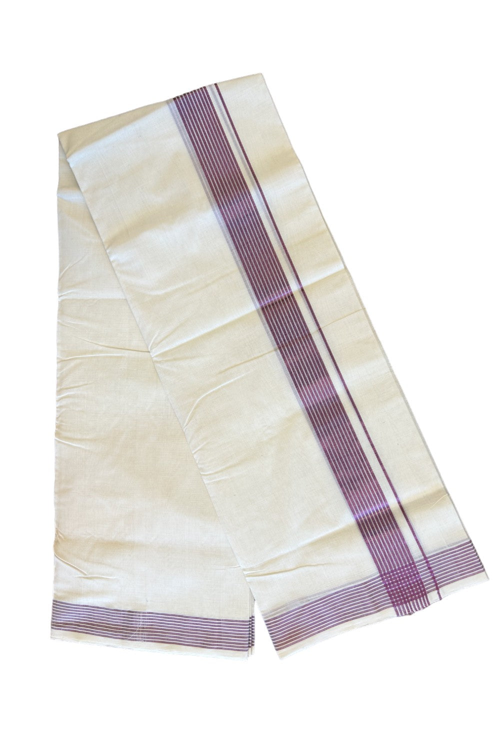 15% Discount!!! KaithariKada HANDLOOM UNAKKUPAAV Balaramapuram - 100% PURE Cotton off white Double Mundu/Dhoti - 2 inch Purple Silver Kasavu Striped Kara - 2KK427UDA