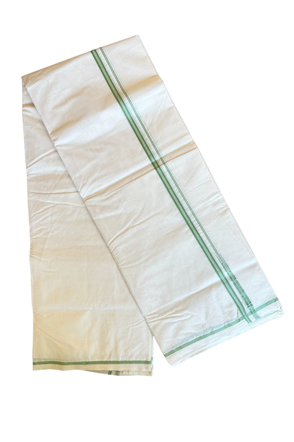 10% DISCOUNT!! KaithariKada Balaramapuram 100% Cotton Off WHITE Double Mundu/Dhoti-100x100  1.cm Puliyilakkara Chutty STRIPED Light Green- 2KK429ASH