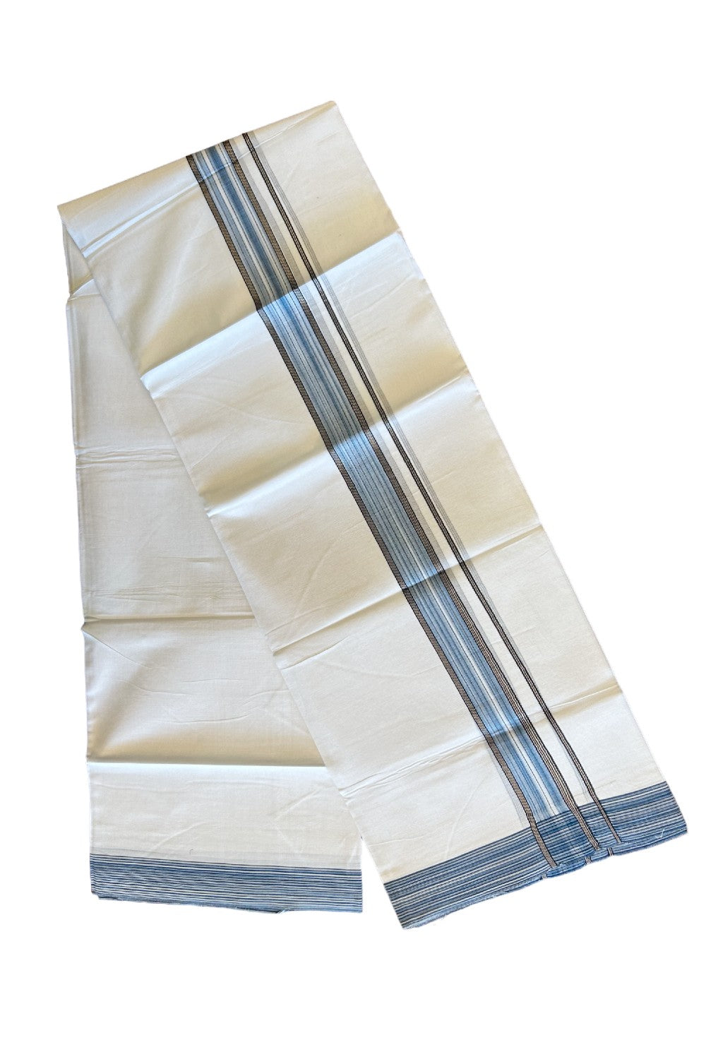 14% DISCOUNT!! Kaitharikada Balaramapuram 100% Cotton Ultra WHITE Double Mundu/Dothi-100x90  2 Inch  Silver kasavu Blue & white shaded kara with black stripes - 2KK430VAS