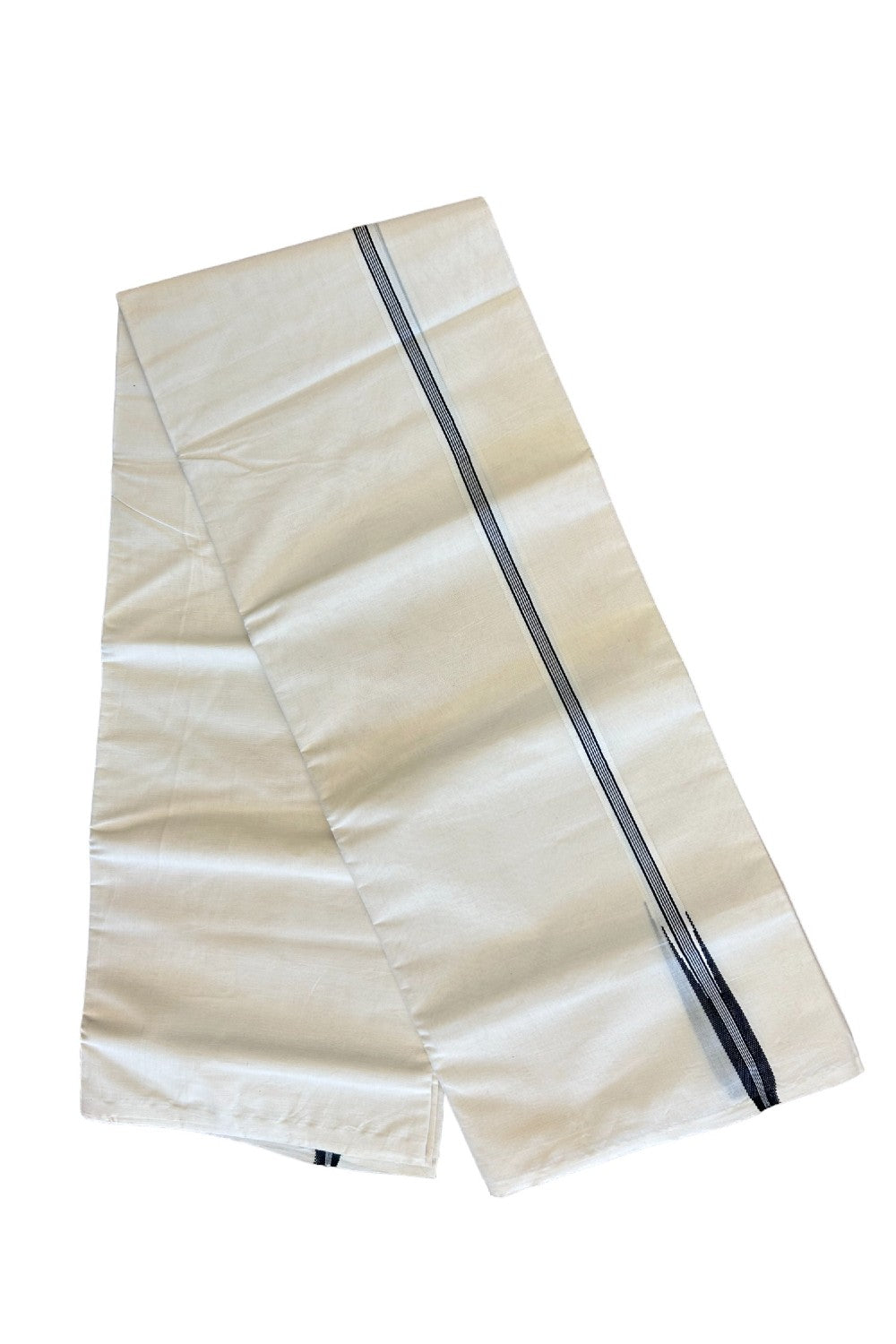 New!! 26% Discount ! KaithariKada Balaramapuram 100% Cotton Double Off white Mundu/Dhoti-100x100 Puliyilakkara 2.cm Chutty BLACK Striped kara - 22KK417ASH