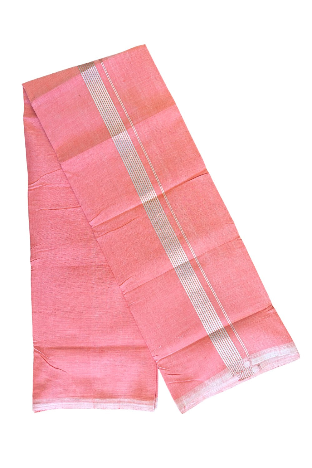 22% Discount! KaithariKada Handloom 100% Cotton Double Mundu/Dhoti - Peach Colour Body & Silver Striped 1.75inch Kara 3.80 mtr - 2KK452SOM