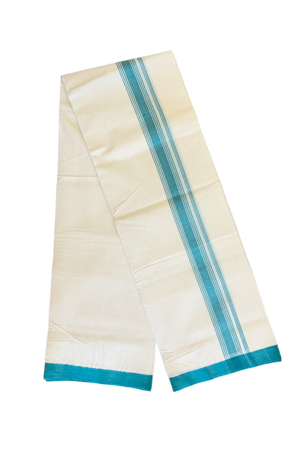 20% DISCOUNT!! KaithariKada HANDLOOM Millpaav Balaramapuram - 100% PURE Cotton OFF White (Unbleached) Double Mundu/Dothi - 2 inch BLUE GREEN striped kara 3.70 meters - 2KK453RAM