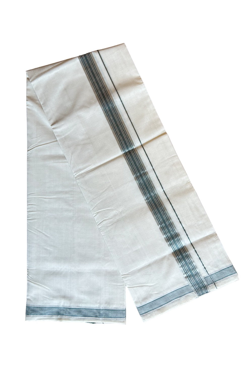 17% DISCOUNT!! KaithariKada HANDLOOM UNAKKUPAAV Balaramapuram - 100% PURE Cotton OFF White Double Mundu/Dothi - 2 inch Silver kasavu Dark green pattern kara - 2KK462RAM