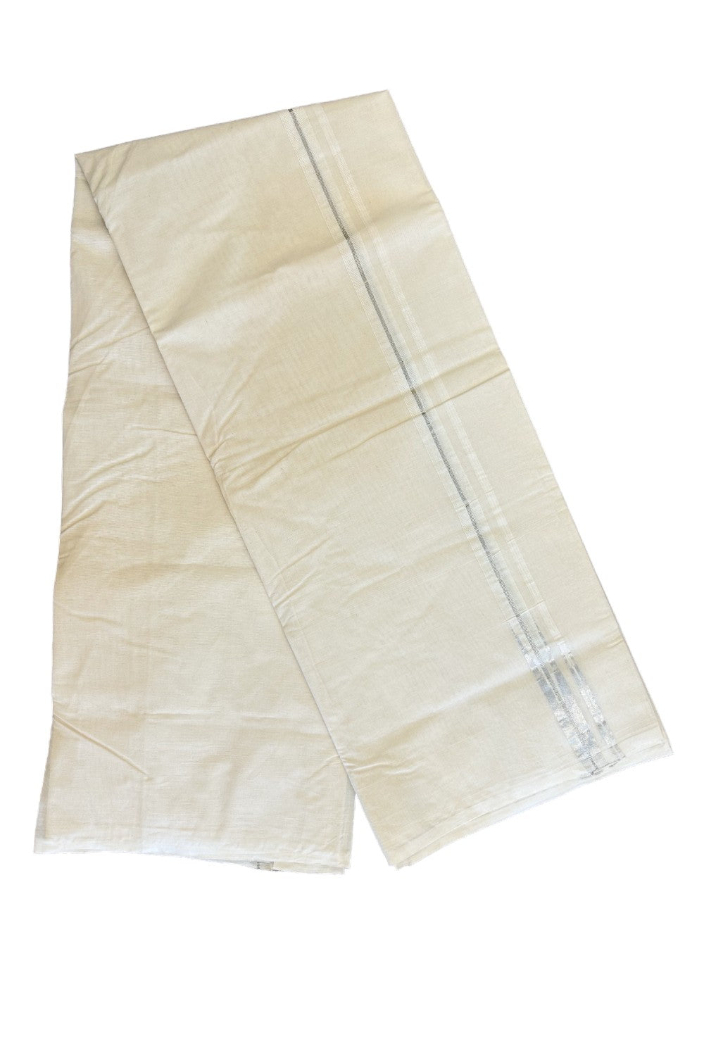 30% OFFER ! KaithariKada Balaramapuram 100% Cotton Double OFF WHITE (Unbleached) - Mundu/Dhoti-100x100 0.75INCH  Puliyilakkara Chutty Silver Kasavu double chutty - 2KK466ASH