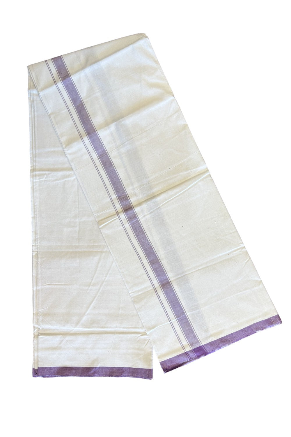 Ultimate HANDLOOM-19% Discount! - Kaitharikada Kalamachal-Government Sealed HALLMARKED-100% PURE COTTON! (80x80) Twisted Thread- Light WHITE SINGLE Mundu / Dhoti - 1.5inch Violet Striped Kara - 2KK478KAL