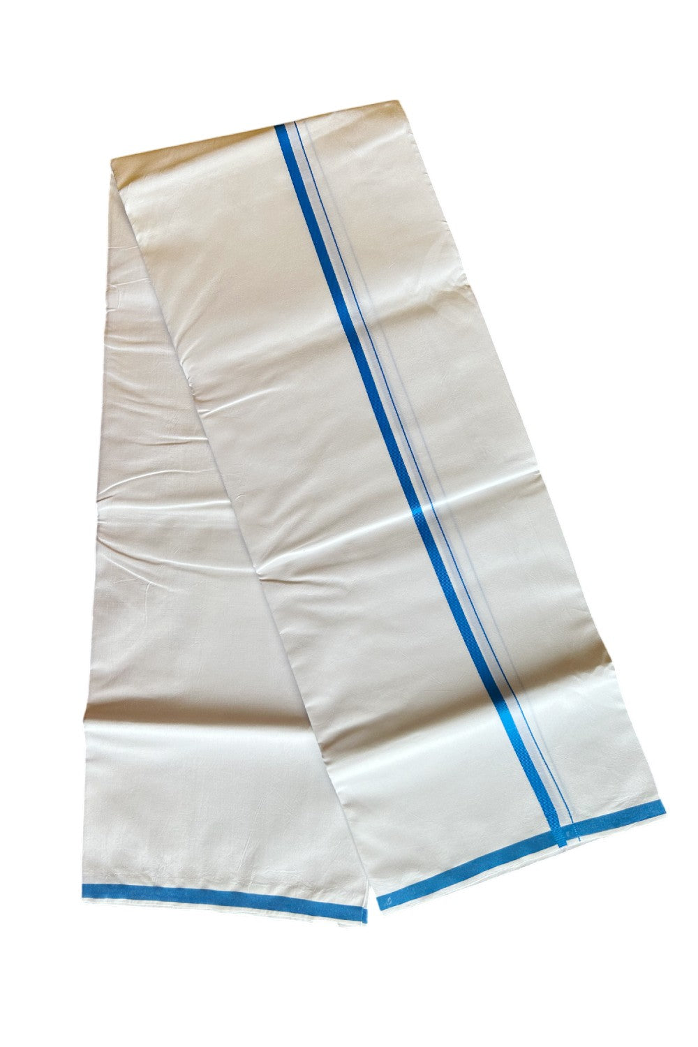 KaithariKada 100% Cotton PURE WHITE SINGLE Mundu/Dhoti- 40X40 Blue 2.cm Kara- 2KK487KK