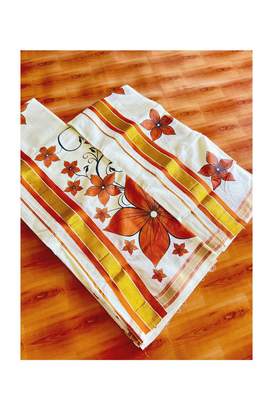 22% Discount!! KaithariKada - Kerala Cotton Single Set Mundu - Kasavu Kara with Orange Flower Design - 2KK495VIN