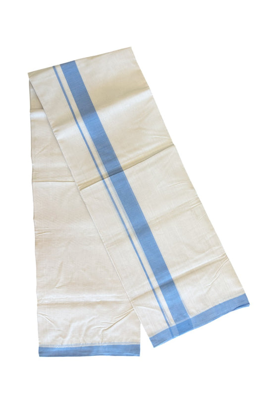 20% DISCOUNT!! KaithariKada HANDLOOM millpaav Balaramapuram - 100% PURE Cotton OFF White Double - (Unbleached) Mundu/Dothi - 2 inch Light Blue Mulloth Kara 3.75 Meters  -2KK498KK