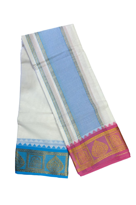 36% DISCOUNT! KaithariKada  Cotton mix Off White - (Unbleached) 80x80 thread - 80 % Cotton & 20 % Polyester -NORTH INDIAN - ATTACHED GAMCHA 9X5 Dhoti 6 inch Blue kara with Pink Blue Kasavu Design border  - 2KK5005PMC