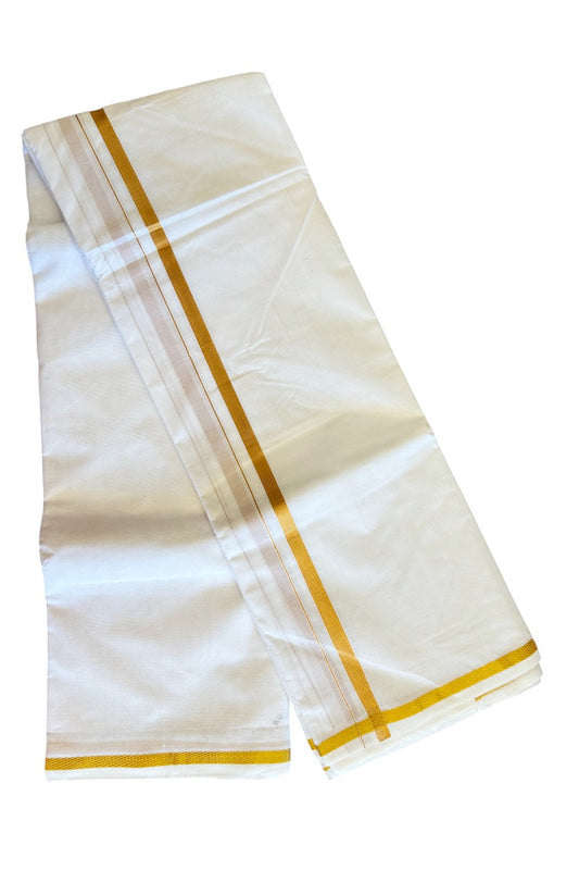 15% DISCOUNT! KaithariKada Cotton Mix  PURE White 80x80 thread - 80% Cotton & 20% Polyester -  NORTH INDIAN - ATTACHED GAMCHA 9X5 Dhoti -  KASAVU 0.5 inch Border - 2KK5008PMC