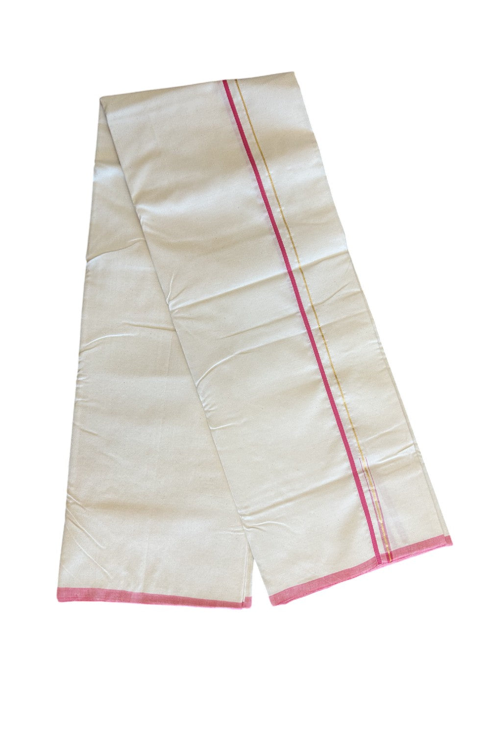 SIGNATURE KAITHARIKADA EXCLUSIVE SINGLE DHOTI - 100% Cotton Balaramapuram HANDLOOM Single Mundu/Dhoti - Off White - (Unbleached) 0.25 Inch Pink & KASAVU Chutty Kara- 2KK5010KAI