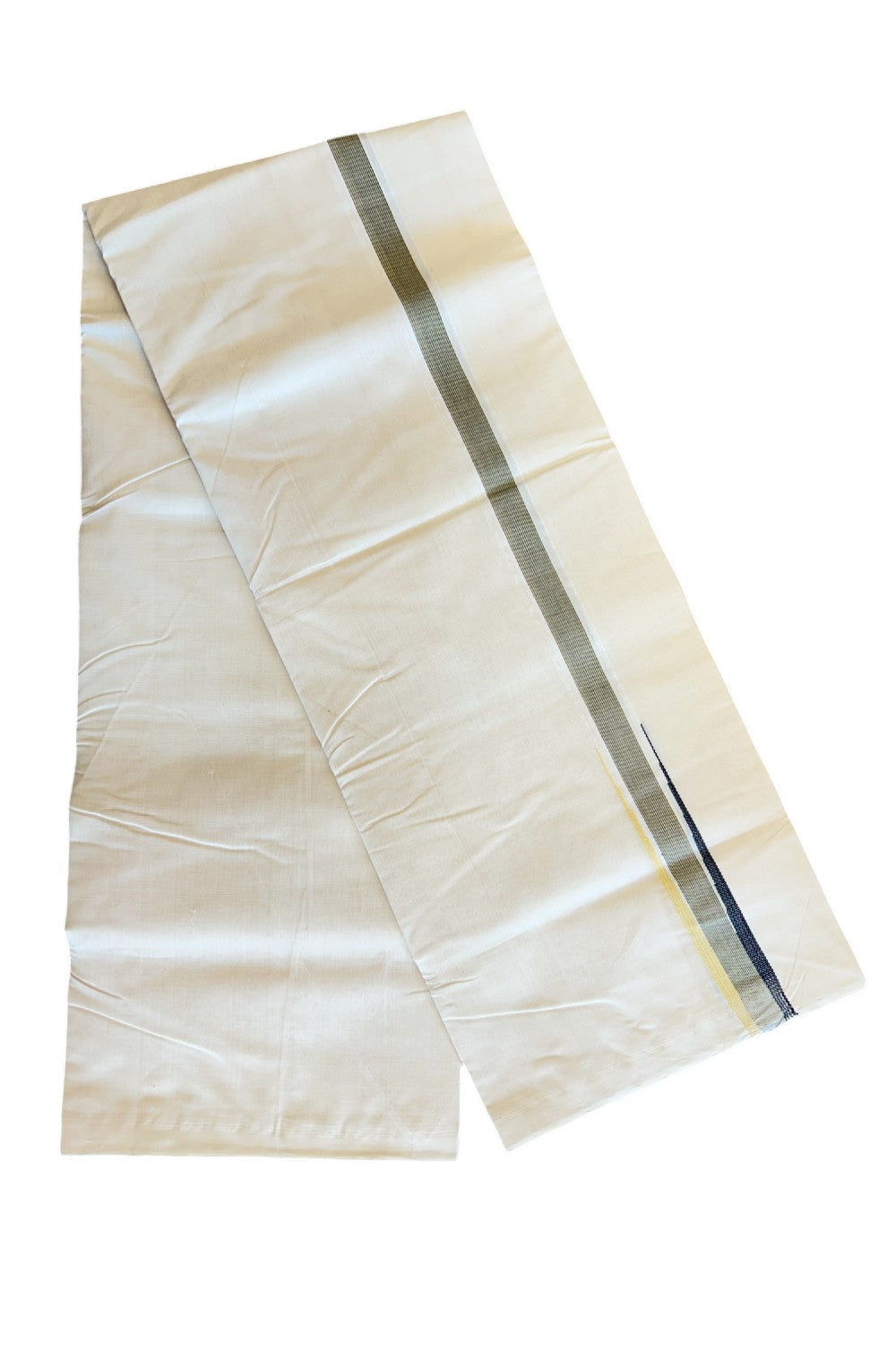 15% DISCOUNT!! KaithariKada HANDLOOM Millpaav Balaramapuram - 100% PURE Cotton OFF White - (Unbleached) Double Mundu/Dothi - Puliyilakkara chutty 1.25 inch Black & Sand brown kara - 2KK5011RAM