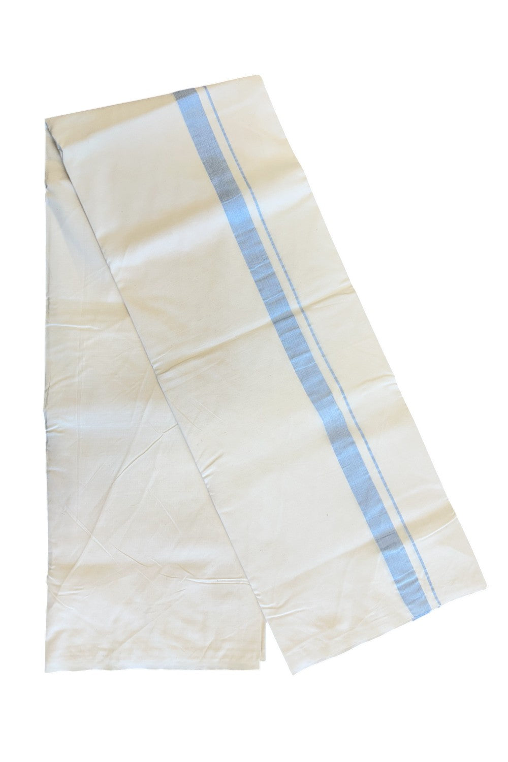 14% DISCOUNT ! KaithariKada Balaramapuram 100% COTTON SINGLE OFF WHITE - (Unbleached) Mundu/Dhoti-Twisted 100s Thread- 1.5 inch Shaded Sky Blue Kara (2 metre / 4 muzham) - 2KK5019ASH