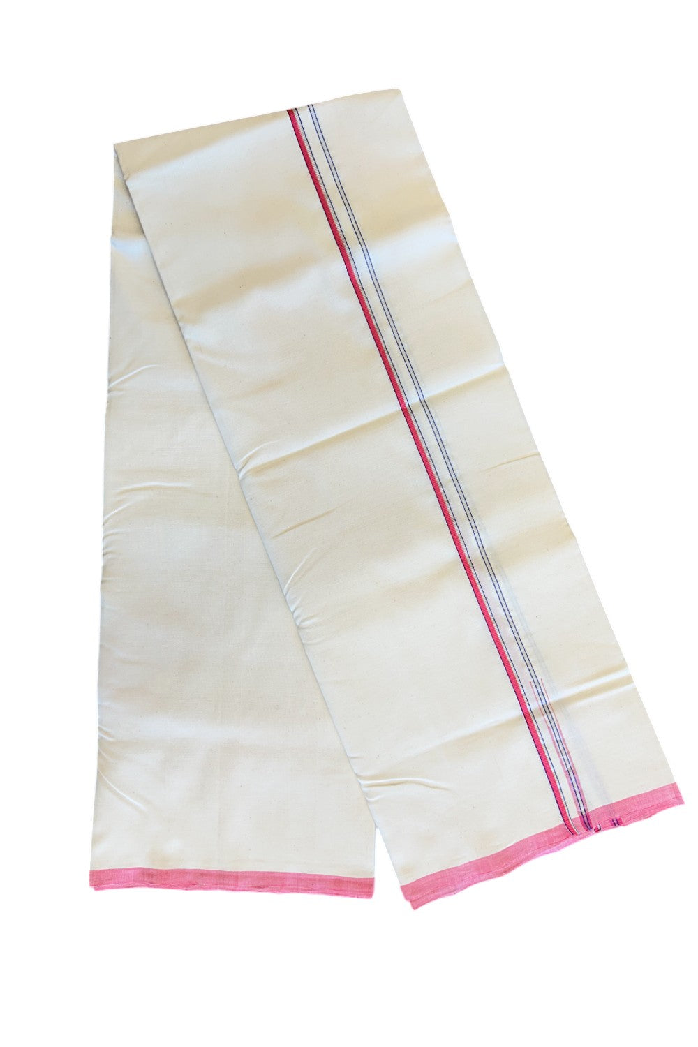 SIGNATURE KAITHARIKADA EXCLUSIVE SINGLE DHOTI - 100% Cotton Balaramapuram HANDLOOM Single Mundu/Dhoti - Off White - (Unbleached) 1cm Pink Blue & Silver KASAVU Chutty Kara (2 metre / 4 muzham)- 2KK5021KAI