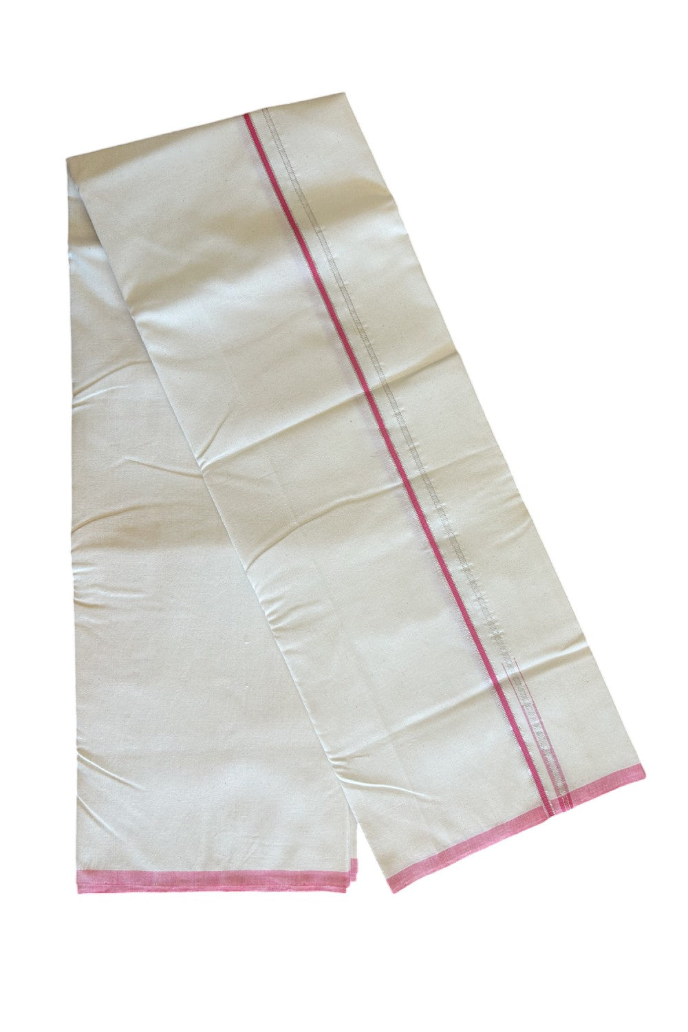 SIGNATURE KAITHARIKADA EXCLUSIVE SINGLE DHOTI - 100% Cotton Balaramapuram HANDLOOM Single Mundu/Dhoti - Off White - (Unbleached) 0.25 Inch PINK & SILVER KASAVU Chutty Kara- 2KK502KK